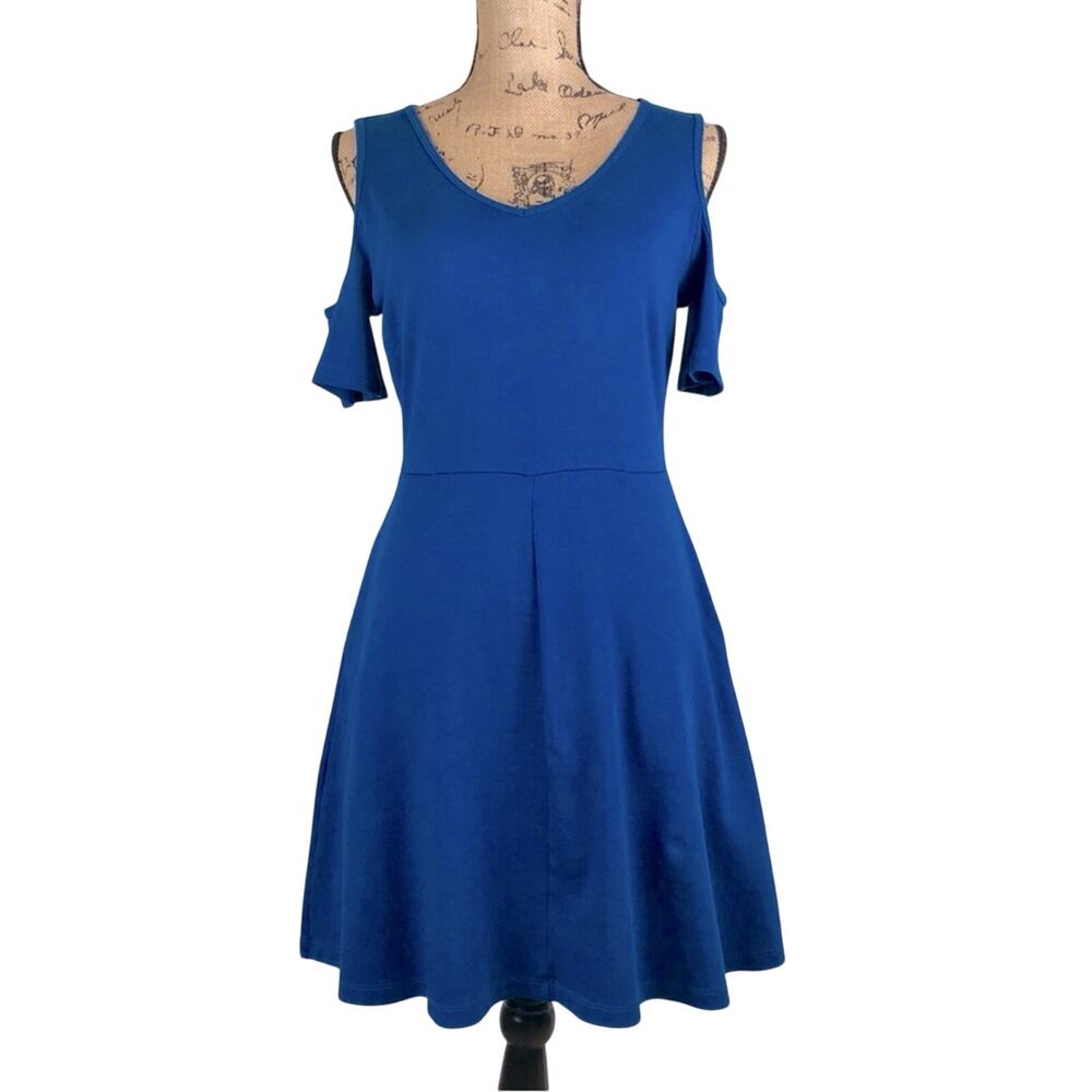 New York & Company Cobalt Blue Cold Shoulder Dress Flattering Fit & Flare Design - Picture 16 of 16